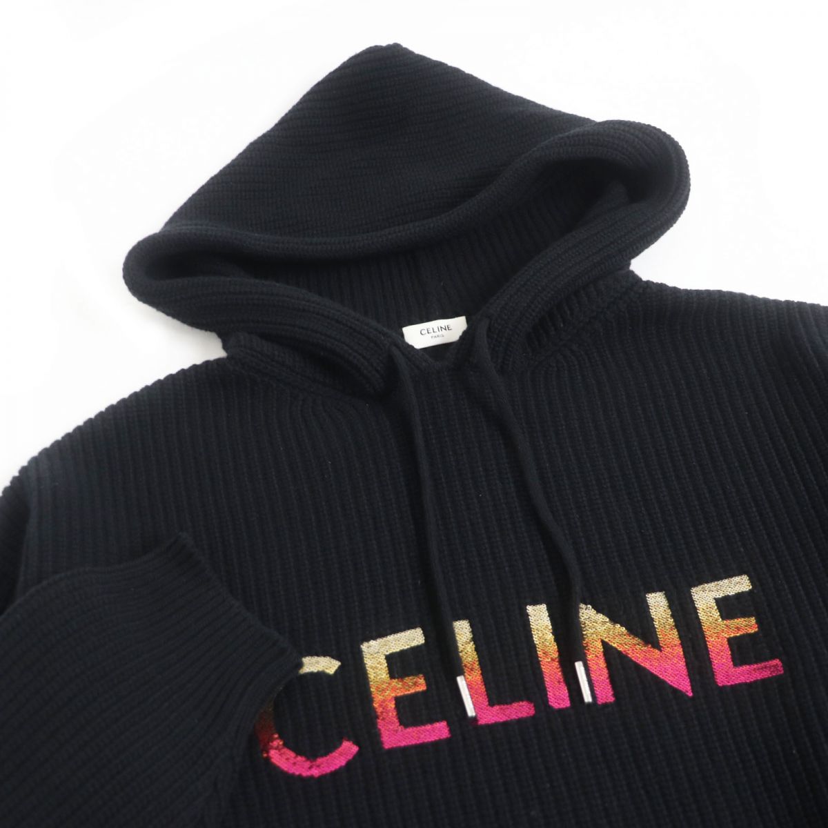 Celine XS Embroidered Sequin Hooded Sweater Black