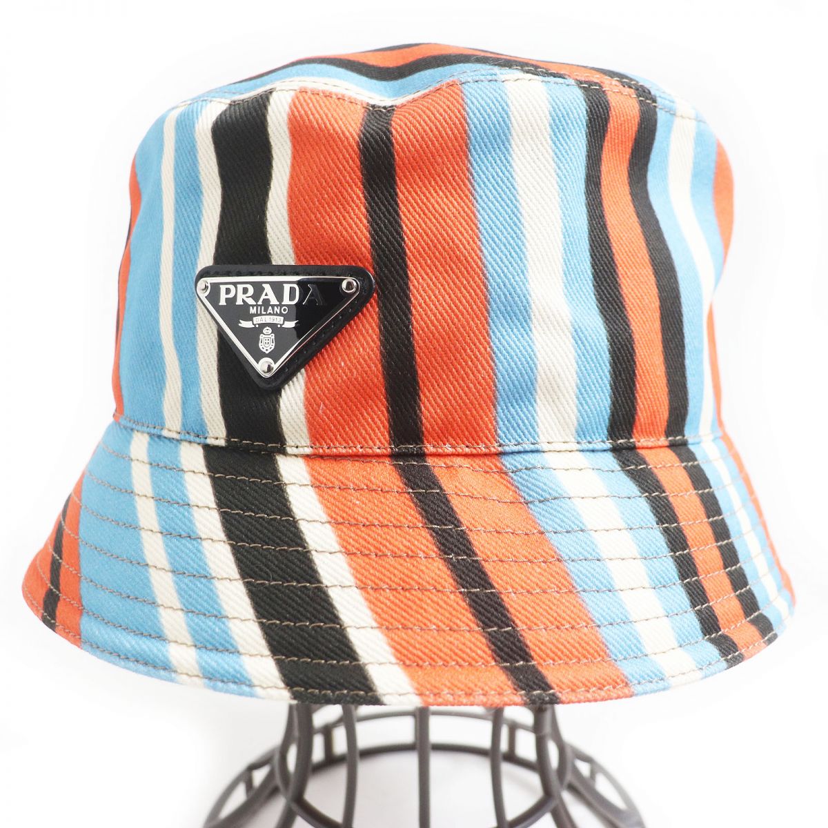 Prada Triangle Logo Stripe Bucket Hat Orange L