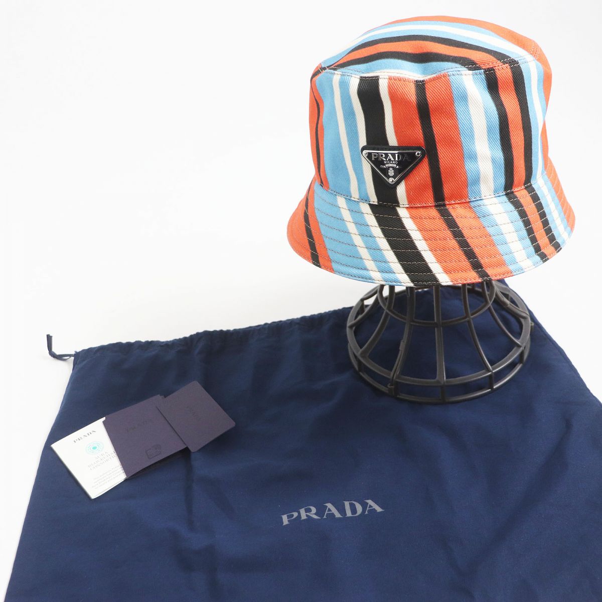 Prada Triangle Logo Stripe Bucket Hat Orange L