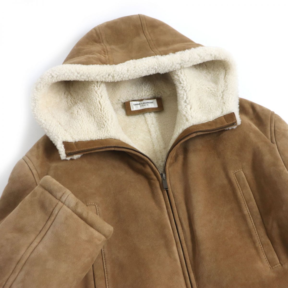 Saint Laurent Hooded Mouton Coat Camel 46