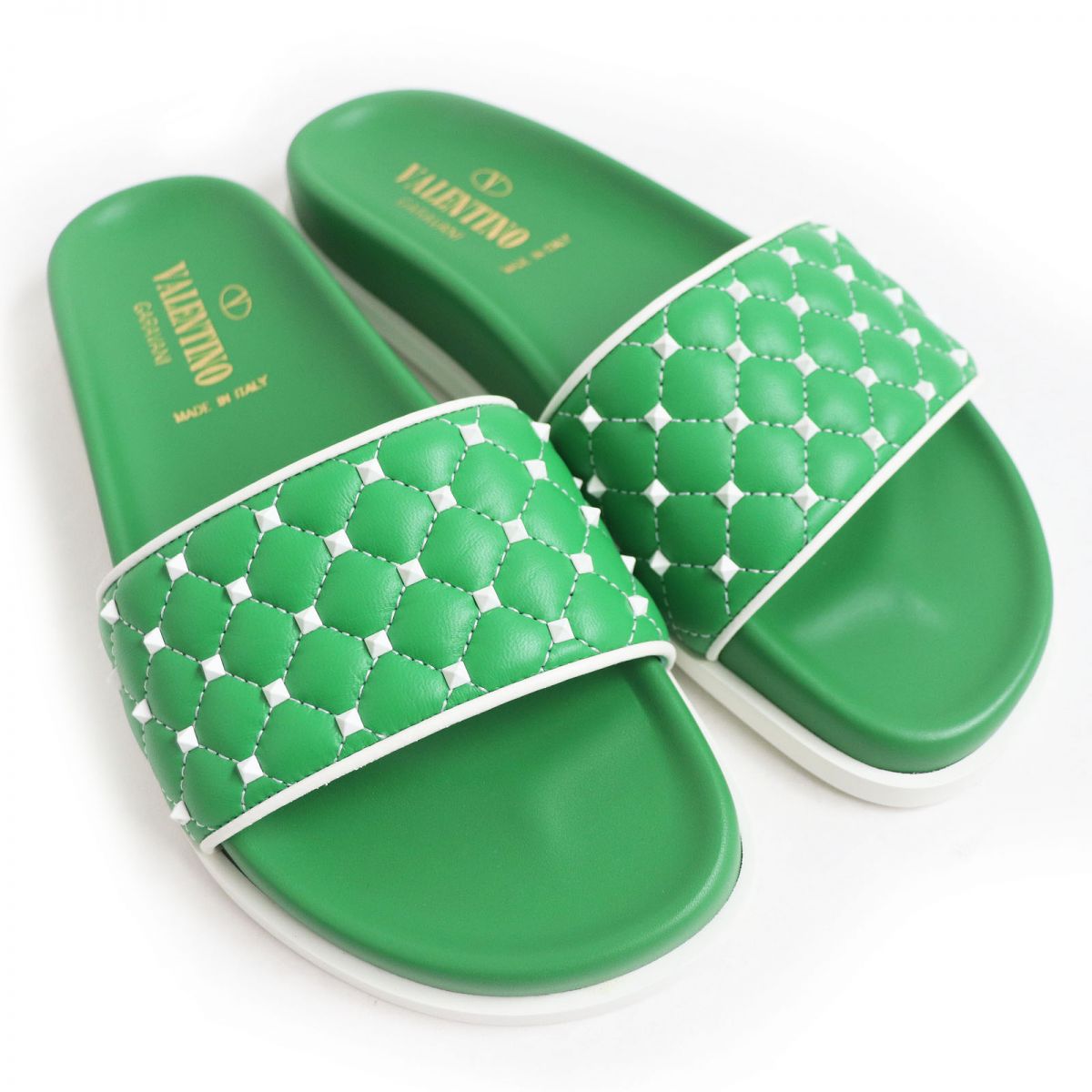 Valentino Rockstud Leather Slide Sandals Green