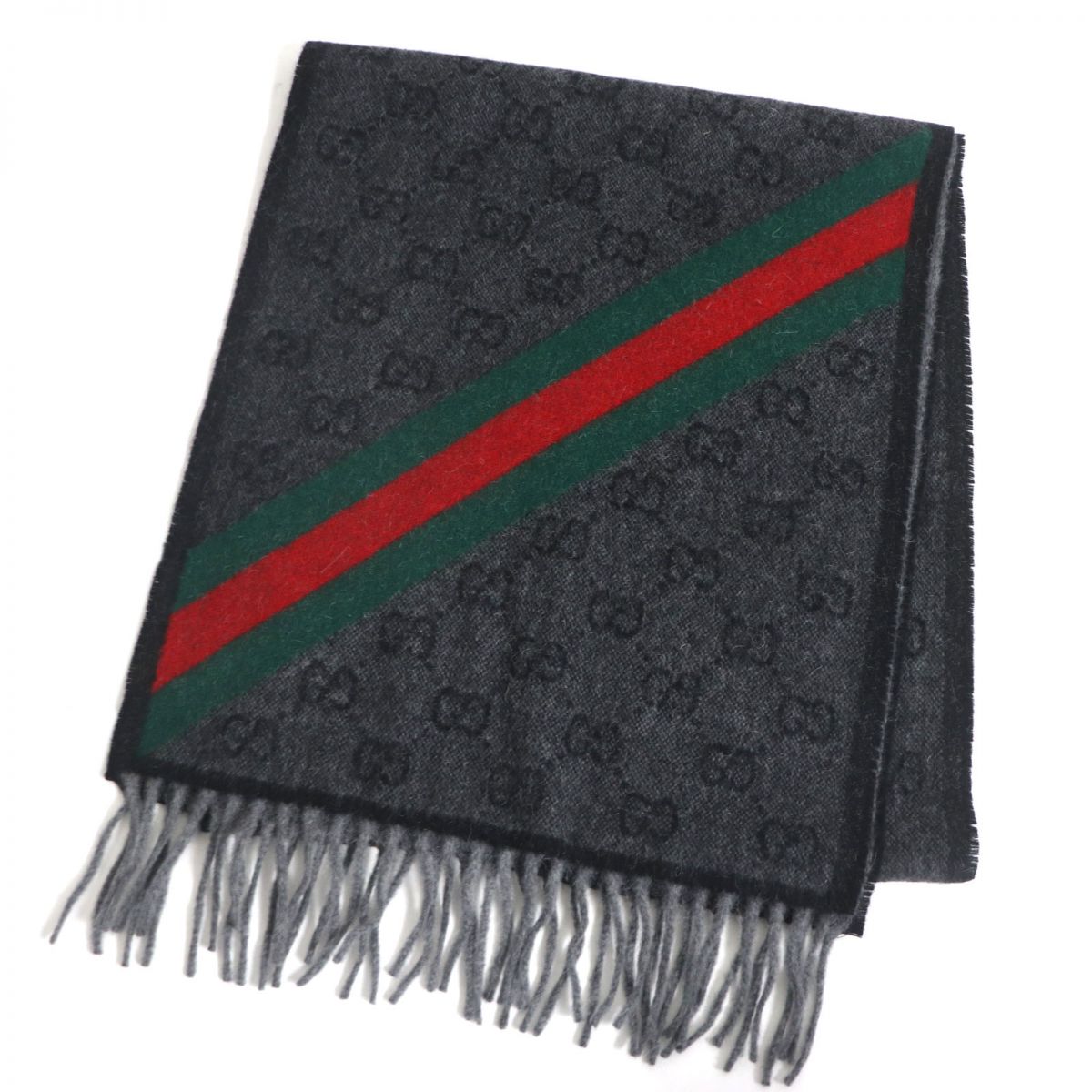 Gucci GG Pattern Wool Alpaca Fringe Scarf