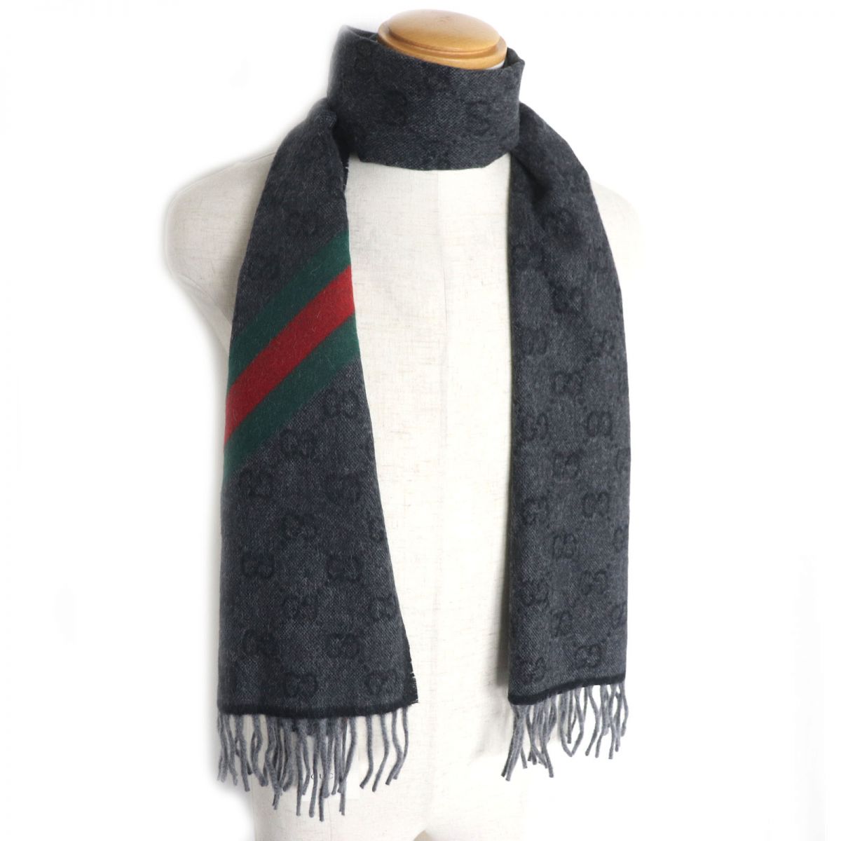 Gucci GG Pattern Wool Alpaca Fringe Scarf