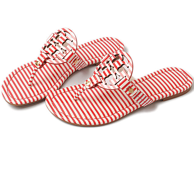 Tory Burch Miller Stripe Beach Sandals/Thongs in Red/White - Patent Leather - Sizes 7M, 7.5M, 8M in Pristine Condition