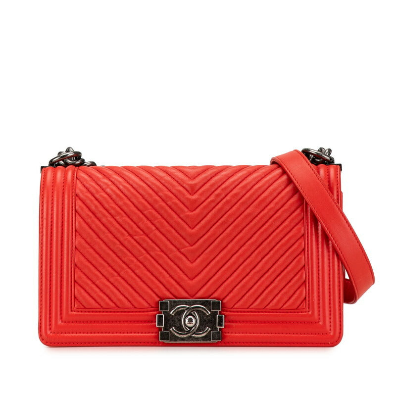 Chanel Boy V-Stitch Chain Shoulder Bag Red