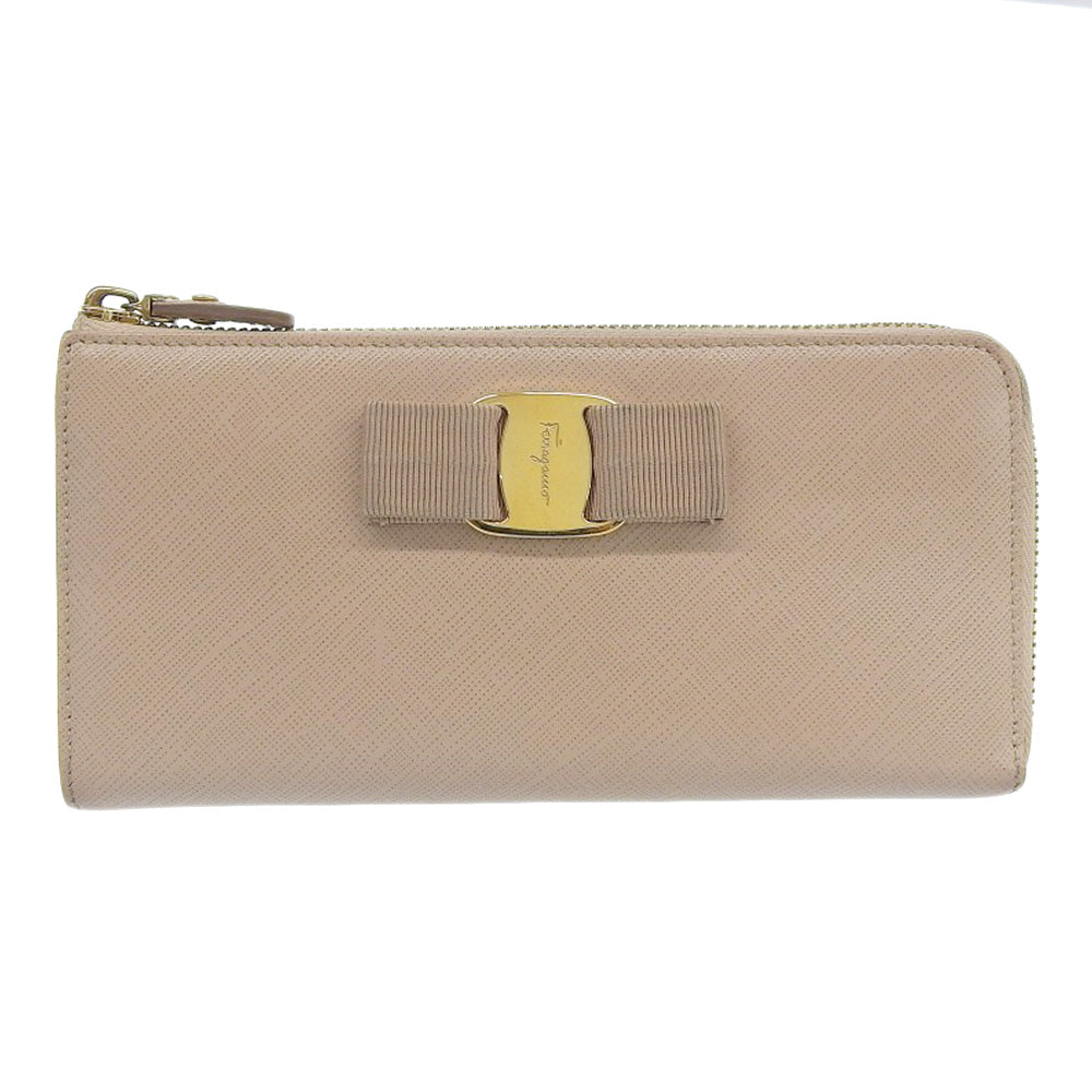 Salvatore Ferragamo Vara Ribbon Leather Long Wallet Beige