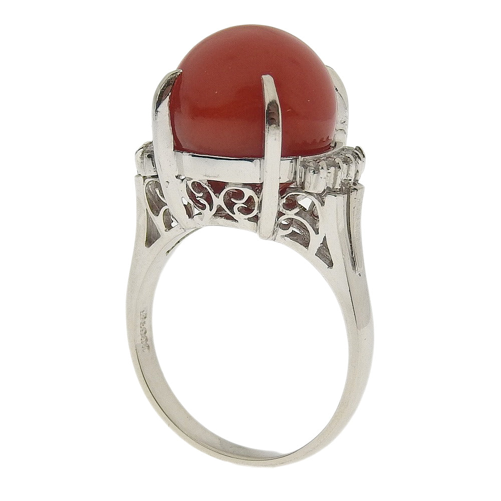 Natural Coral Ring Pt900 with Melee Diamond 11.5