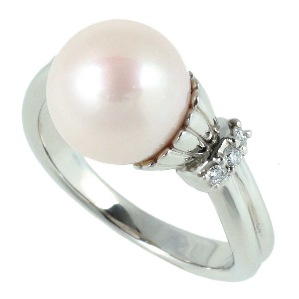 Platinum Pt900 Pearl Ring with Diamonds, Size 12 in Excellent Condition