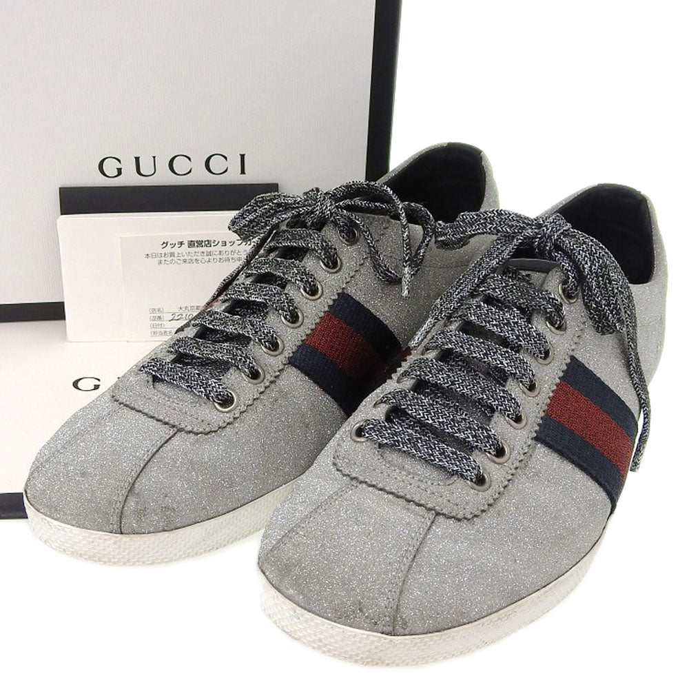 Gucci Glitter Web Studded Sneakers Silver in Very Good Condition