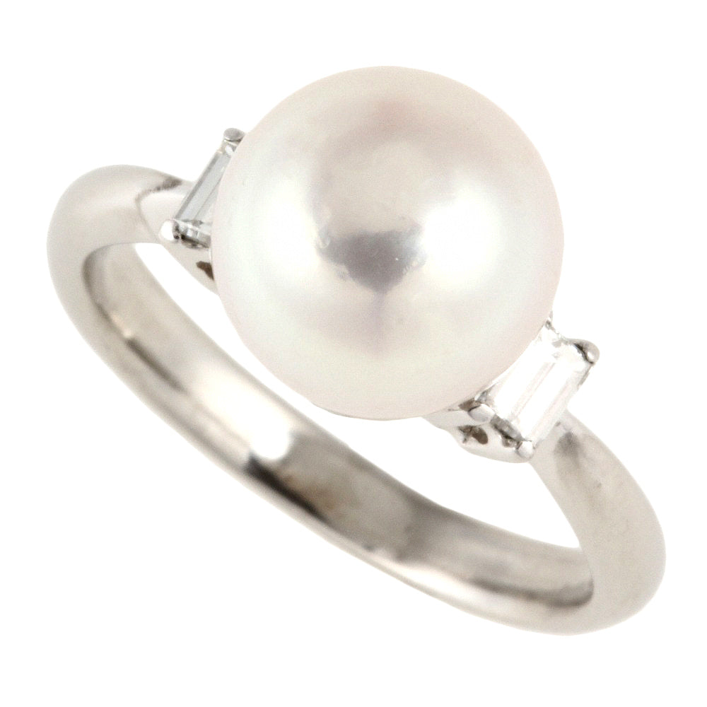 Platinum Pt900 Pearl Ring with Diamonds, Size 10, No Brand in Excellent Condition