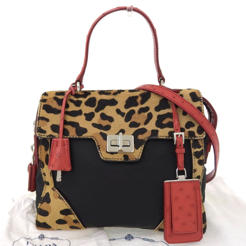 Prada 2WAY Handbag Leopard Ostrich Brown Red 1BA023