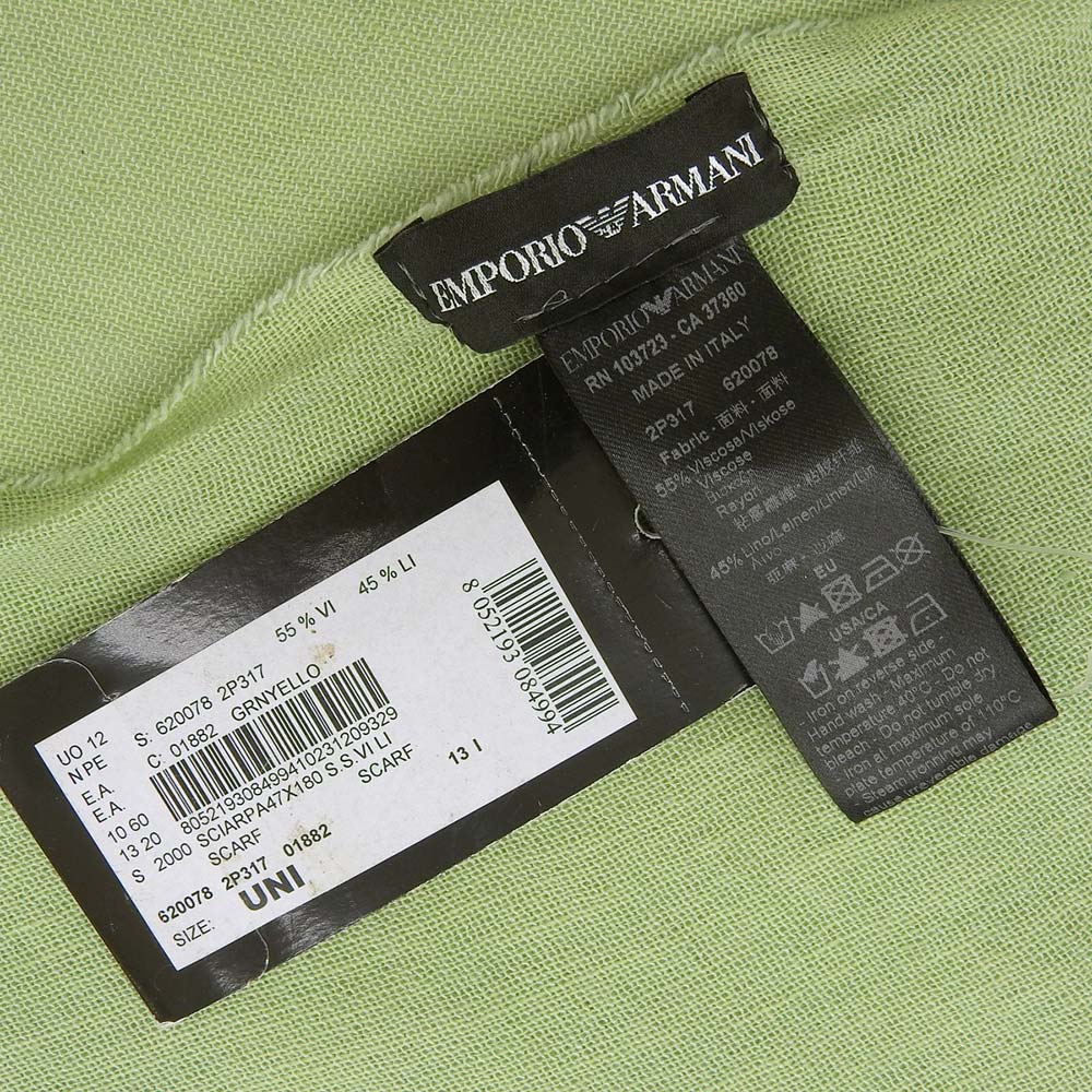 Emporio Armani Light Green Rayon Linen Scarf 48x198 cm in Very Good Condition