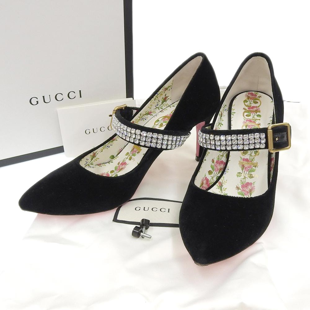 Gucci Suede Heels with Rhinestone Strap, Black, Size 36.5 in Great Condition