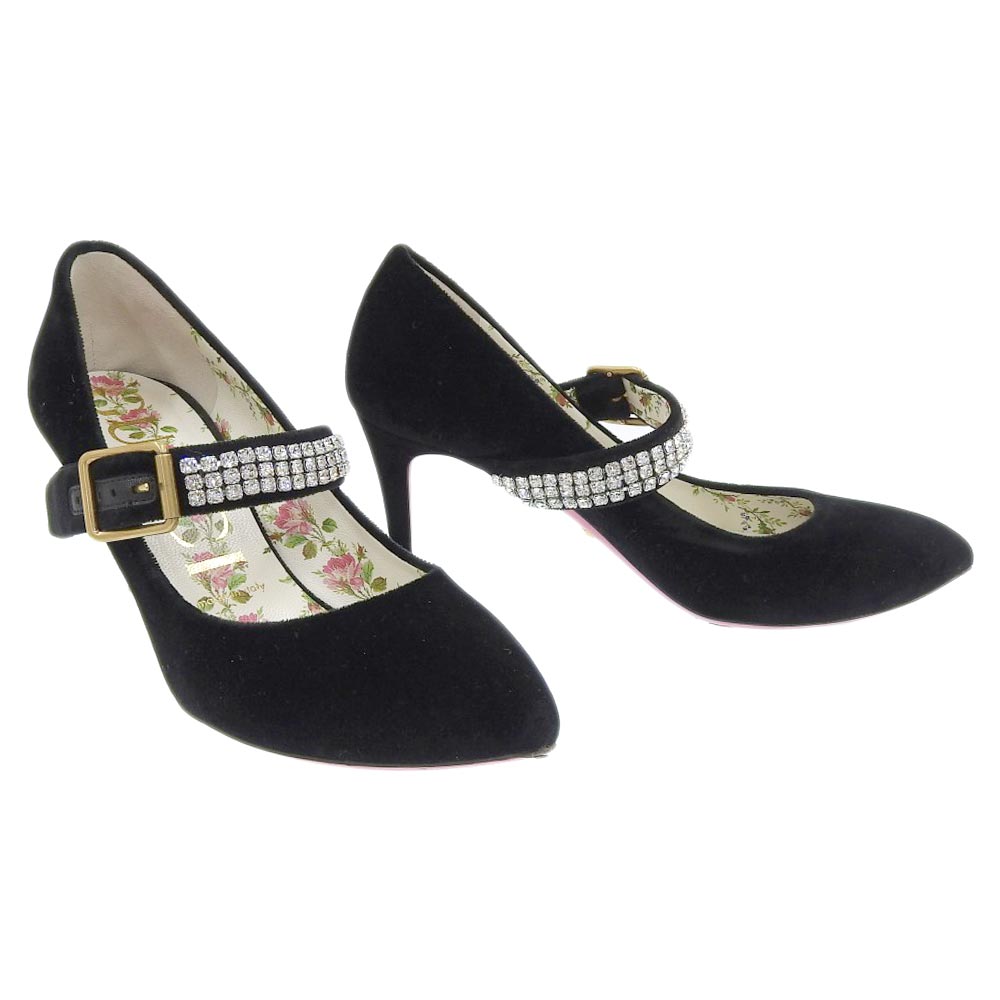 Gucci Suede Heels with Rhinestone Strap, Black, Size 36.5 in Great Condition