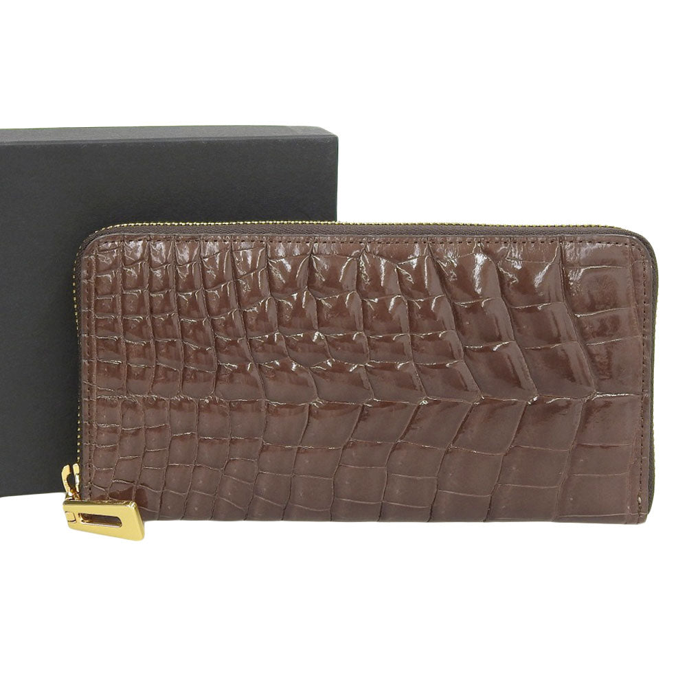 Crocodile Leather Round Zipper Long Wallet Dark Brown