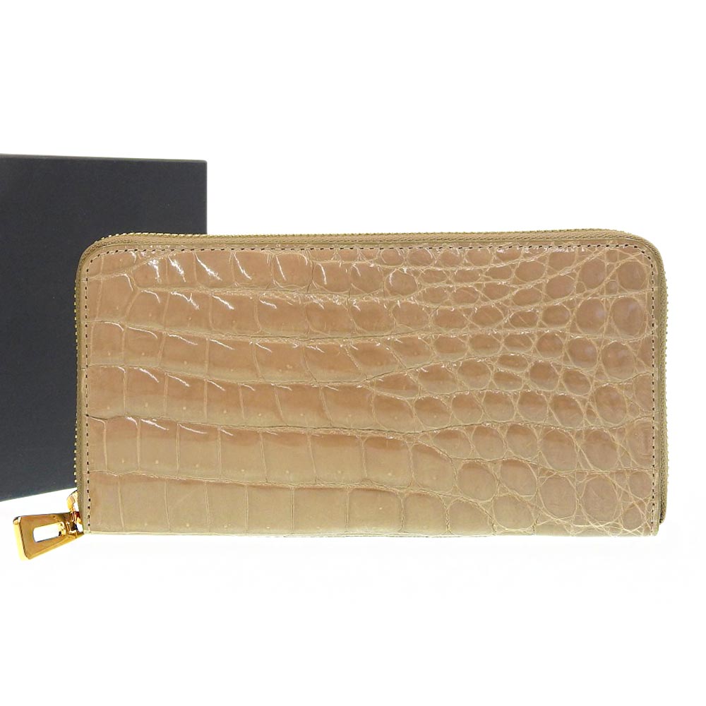 Crocodile Leather Round Zipper Long Wallet Beige