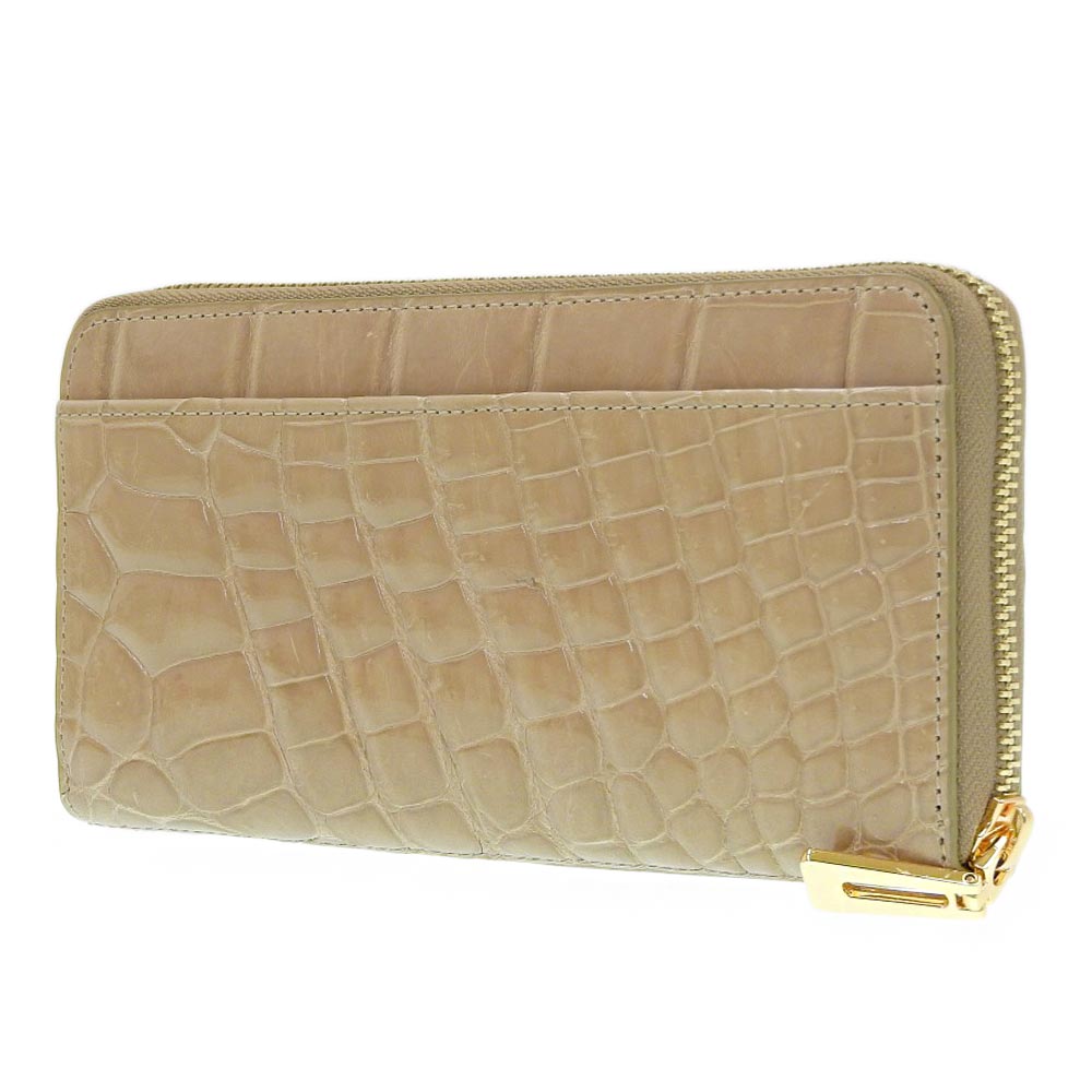 Crocodile Leather Round Zipper Long Wallet Beige