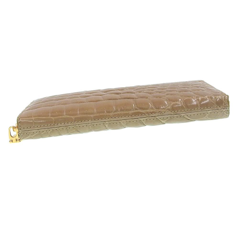 Crocodile Leather Round Zipper Long Wallet Beige