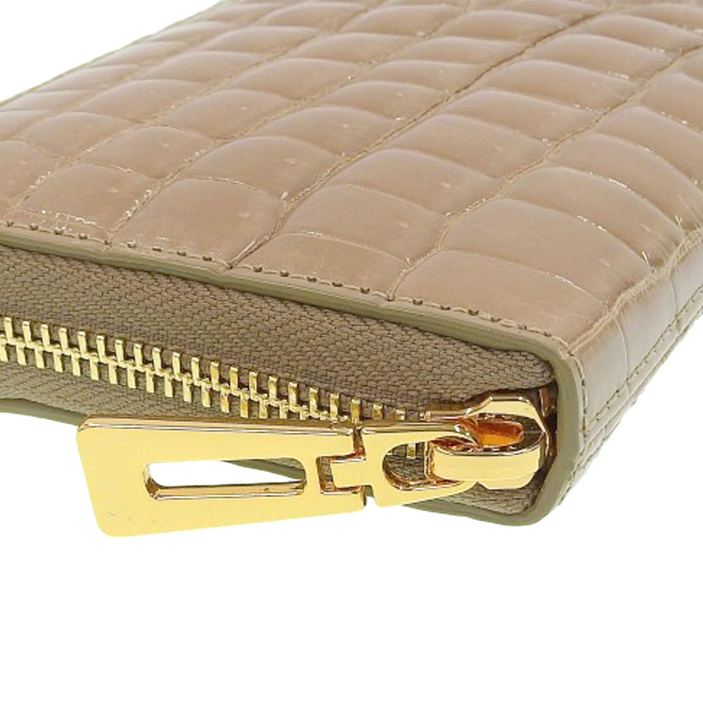 Crocodile Leather Round Zipper Long Wallet Beige