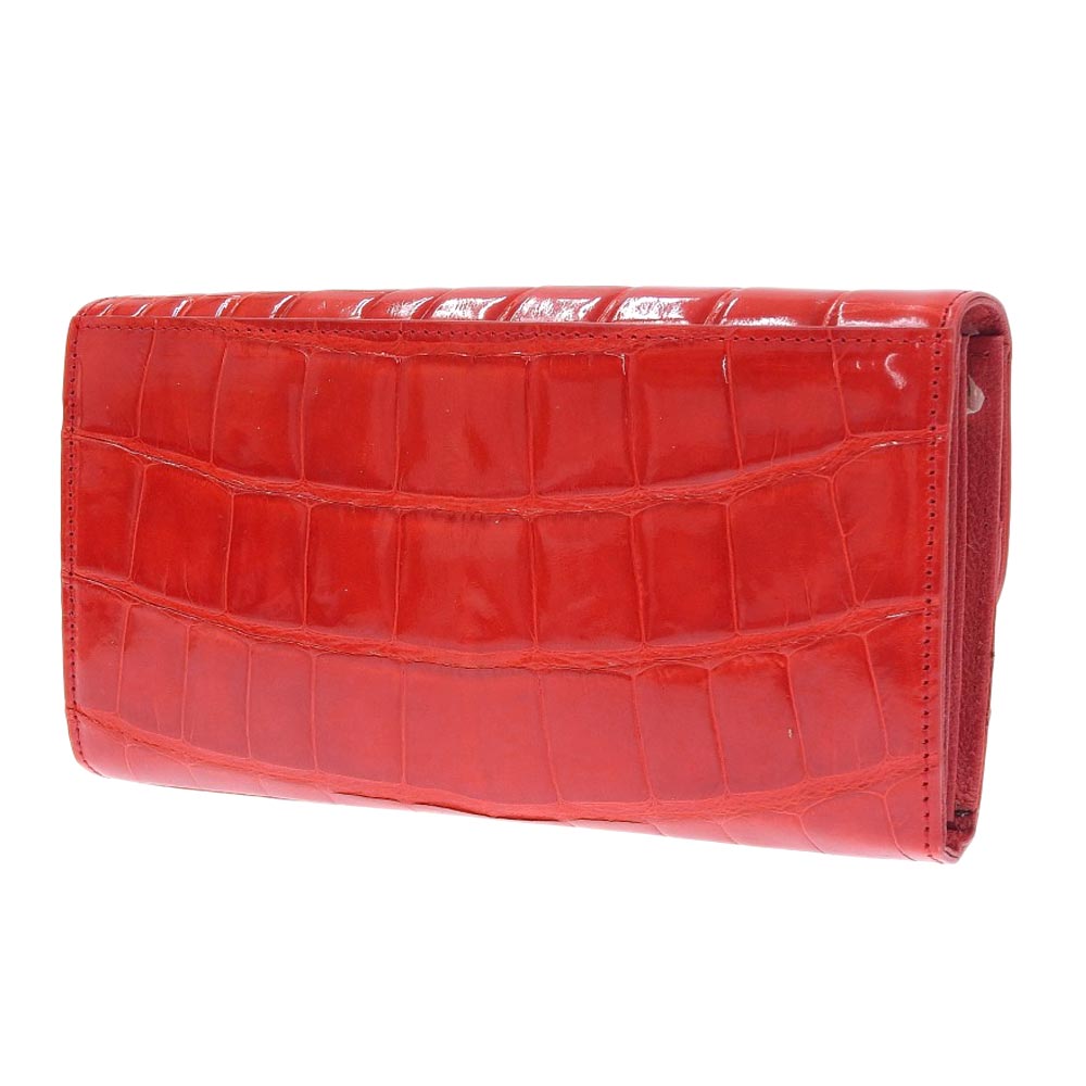 Crocodile Leather Long Wallet with Clasp, Red, No Brand