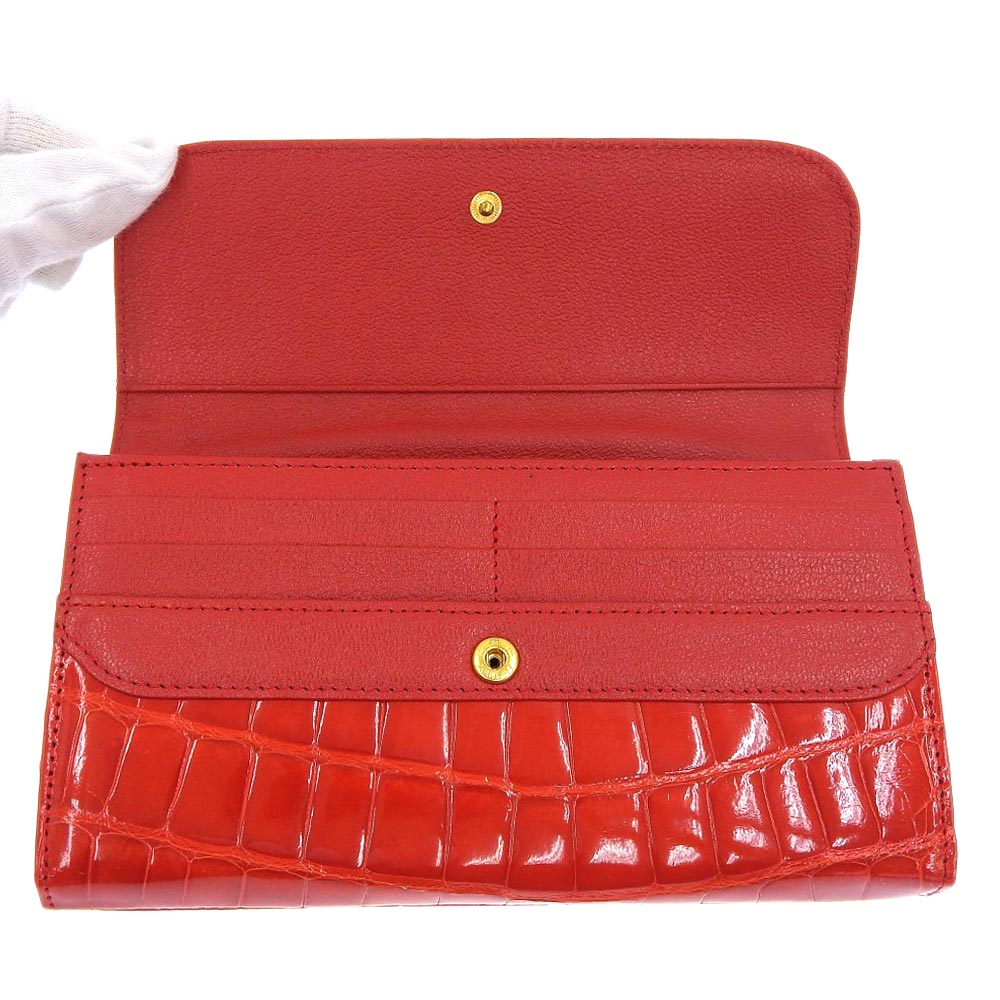 Crocodile Leather Long Wallet with Clasp, Red, No Brand