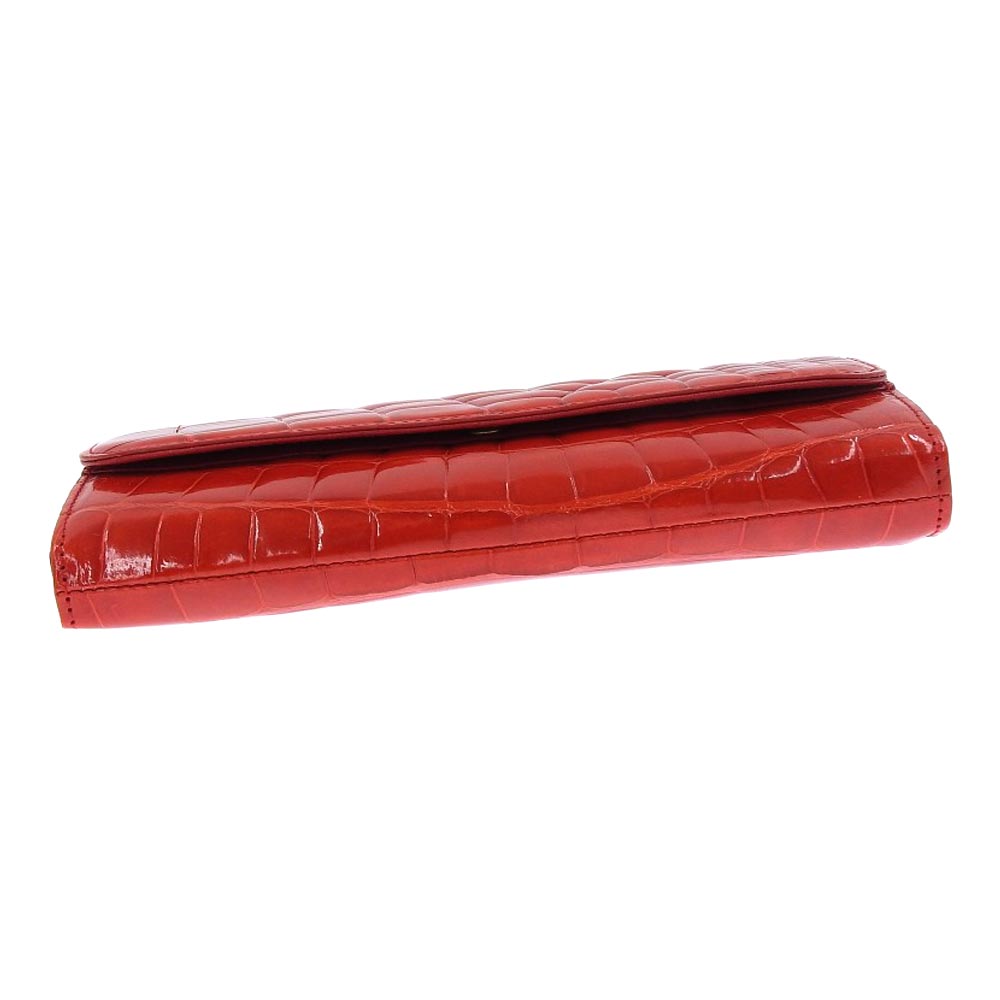 Crocodile Leather Long Wallet with Clasp, Red, No Brand