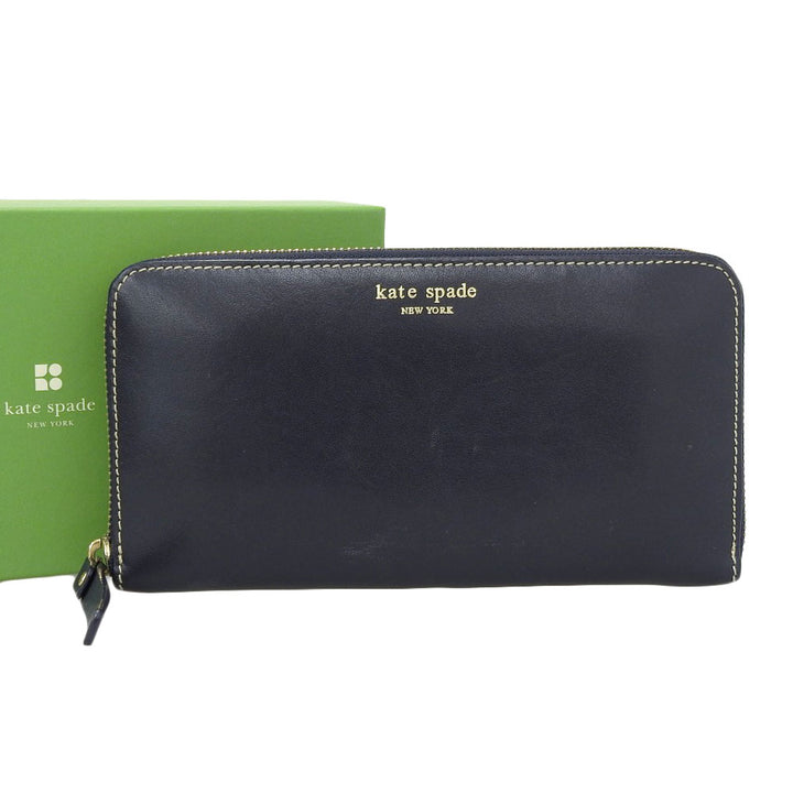 KATE SPADE Leather Round Zip Long Wallet Navy