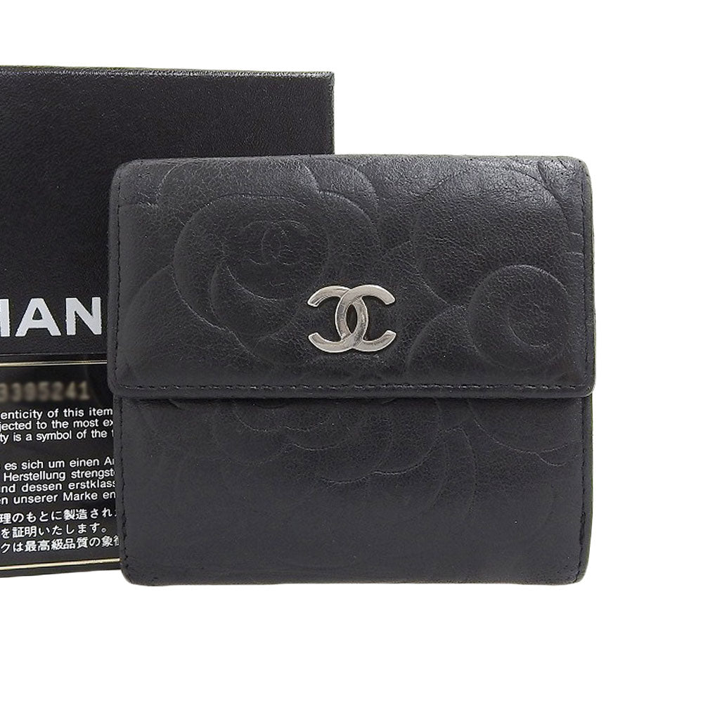 Chanel Camellia Double Flap Leather Wallet Black A47422 in Good Condition