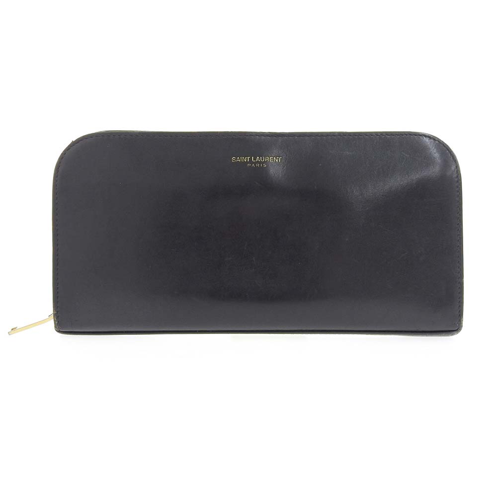 Yves Saint Laurent Leather Round Zip Long Wallet Black