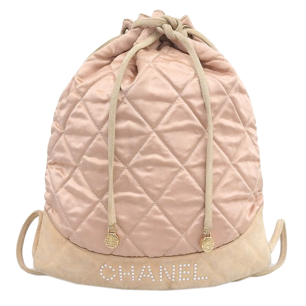 Chanel Satin Logo Drawstring Backpack Pink Beige in Good Condition