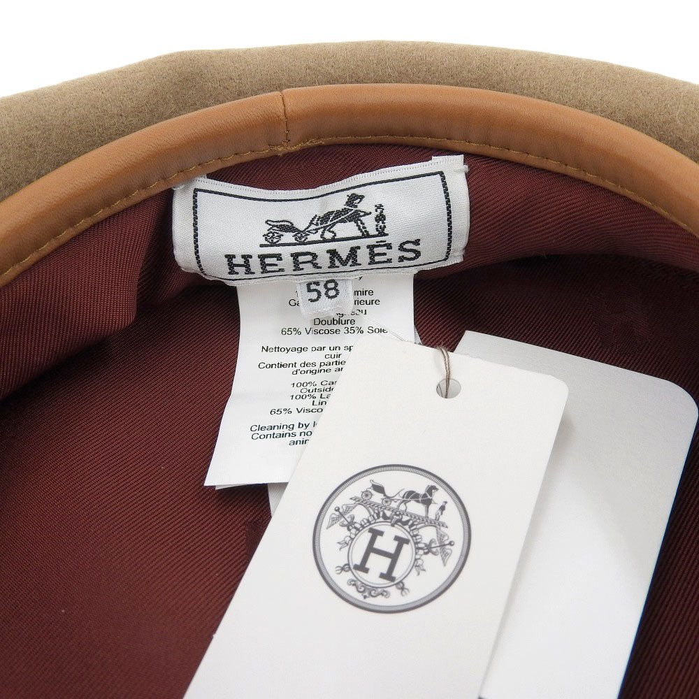 Hermes Cashmere Leather Beret Hat Beige in Excellent Condition