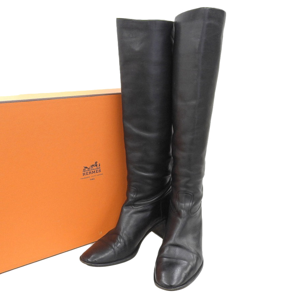 Hermes Leather Long Boots Black 36 1/2 in Good Condition