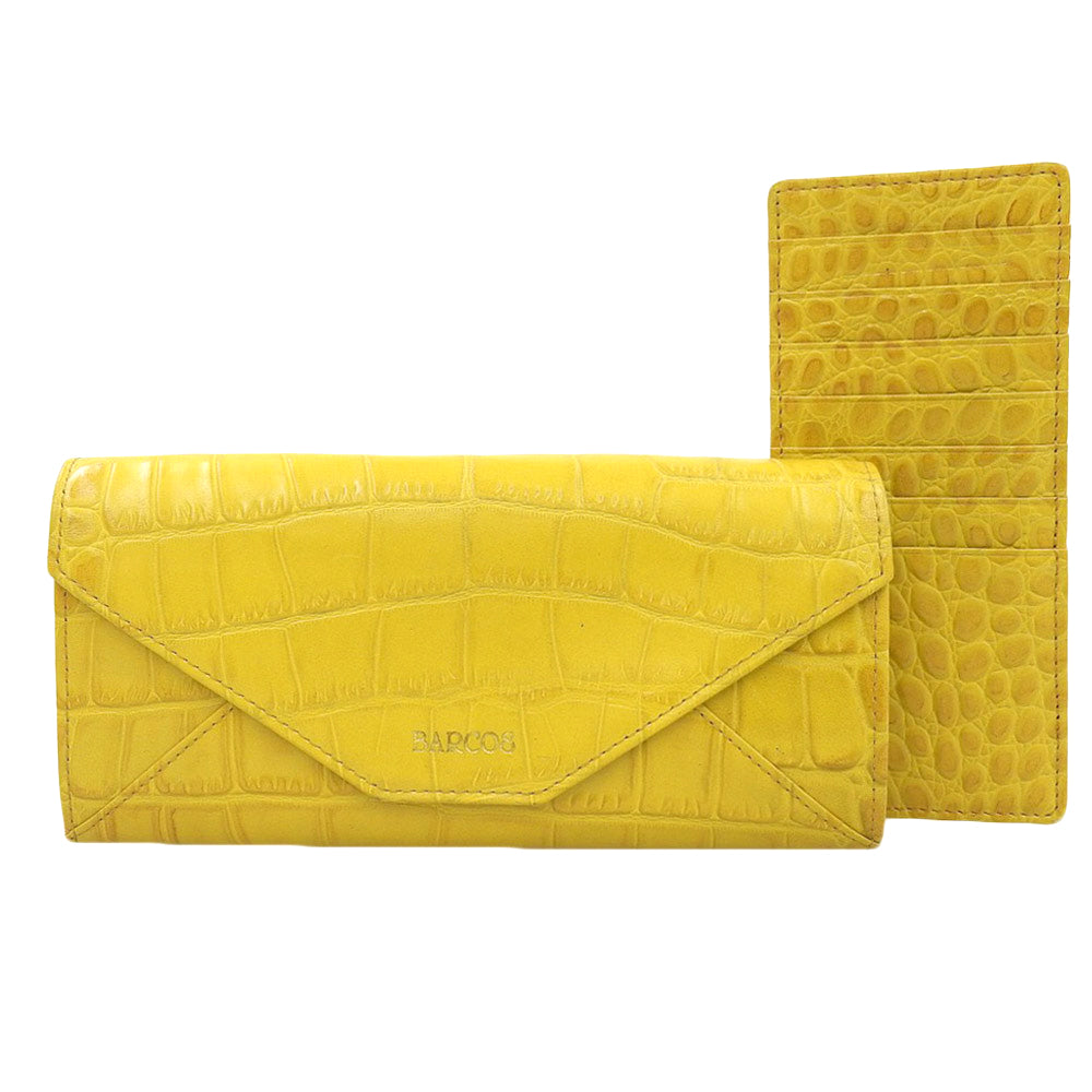 BARCOS Crocodile Embossed Leather Long Wallet with Clasp, Yellow