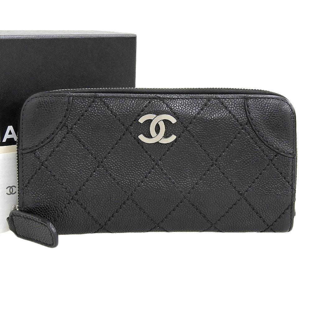 Chanel Leather Round Zipper Long Wallet Black