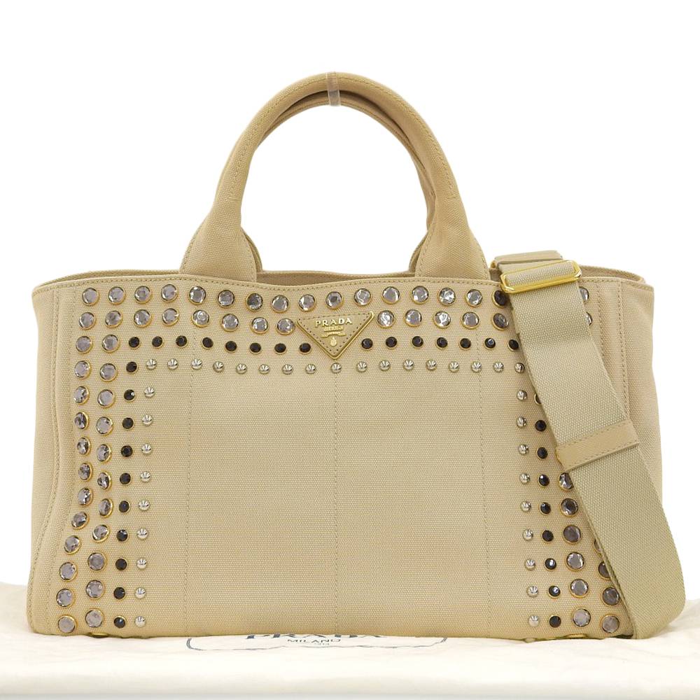 Prada Canapa Studded 2-Way Tote Bag Beige in Great Condition