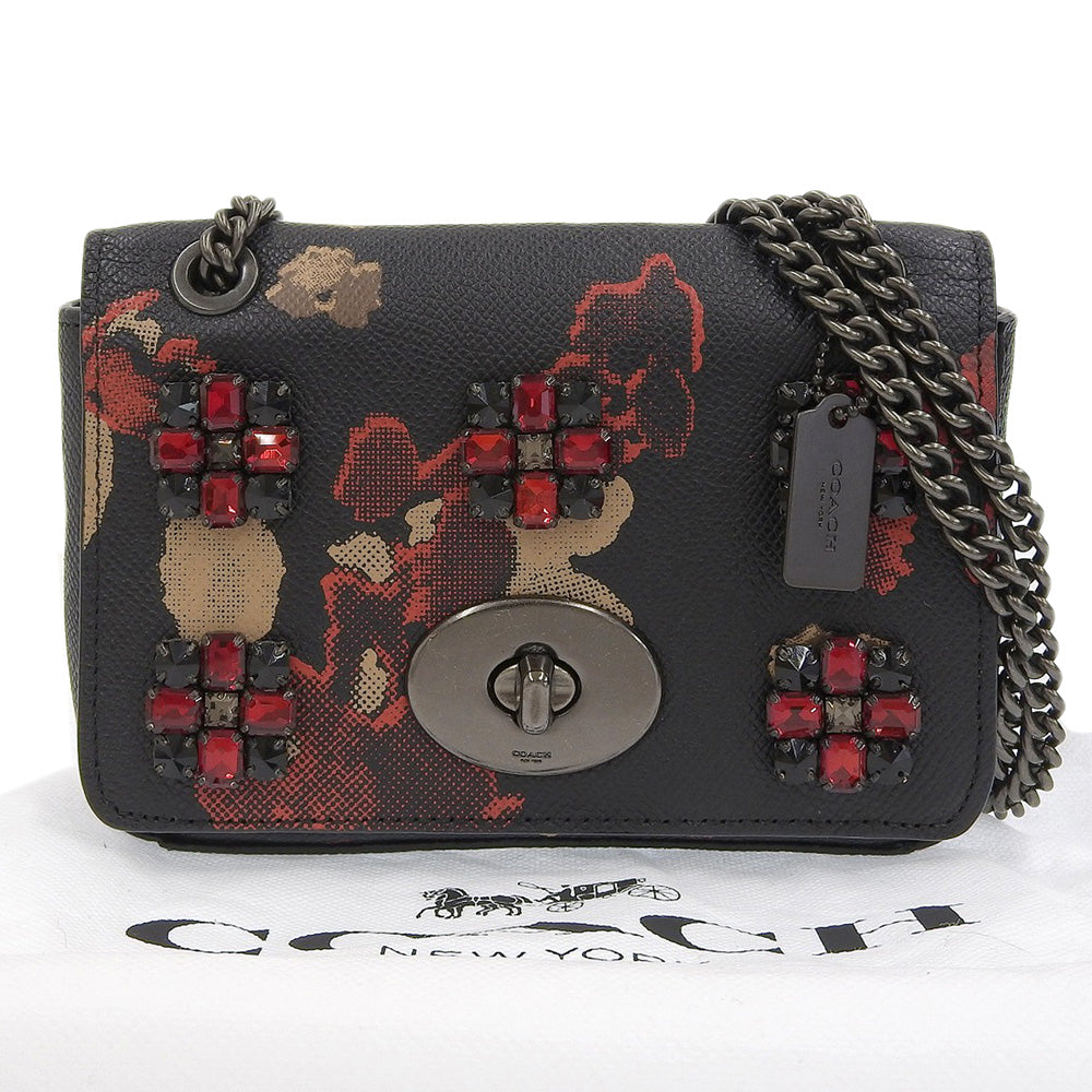 Coach Leather Chain Shoulder Bag 52473 Floral Black