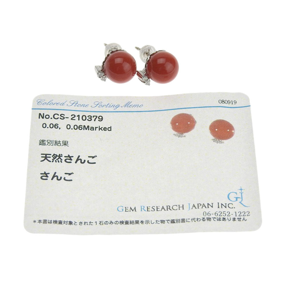 K18WG Coral Stud Earrings with 0.06ct Diamonds