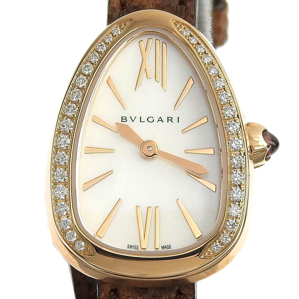 Bvlgari Serpenti Quartz Watch with Diamond Bezel, K18PG Case, Leather Strap, SPP27WPGDL in Excellent Condition