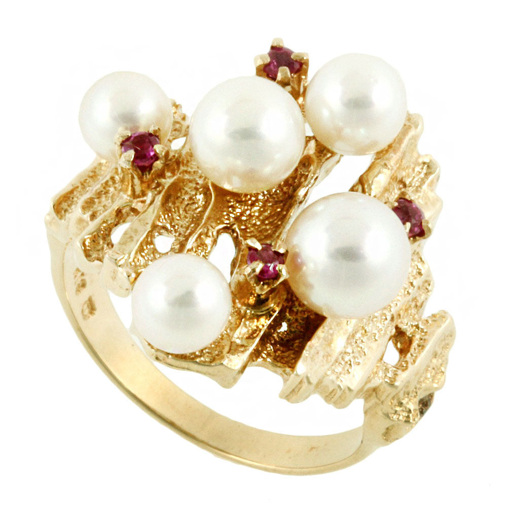 Tasaki K18YG Pearl Ring with Merle Ruby Design in Excellent Condition