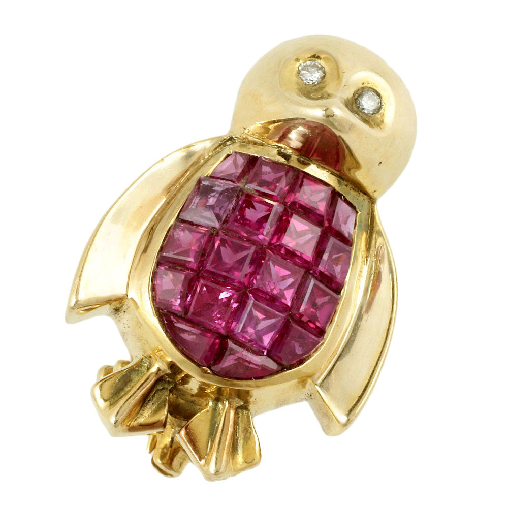 K18YG Ruby Brooch with Diamonds, Penguin Design