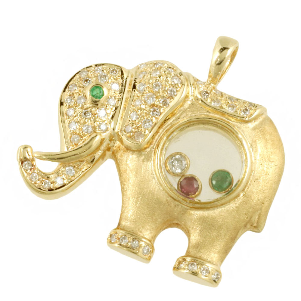 Elephant Pendant K18YG Ruby Emerald Diamond in Excellent Condition