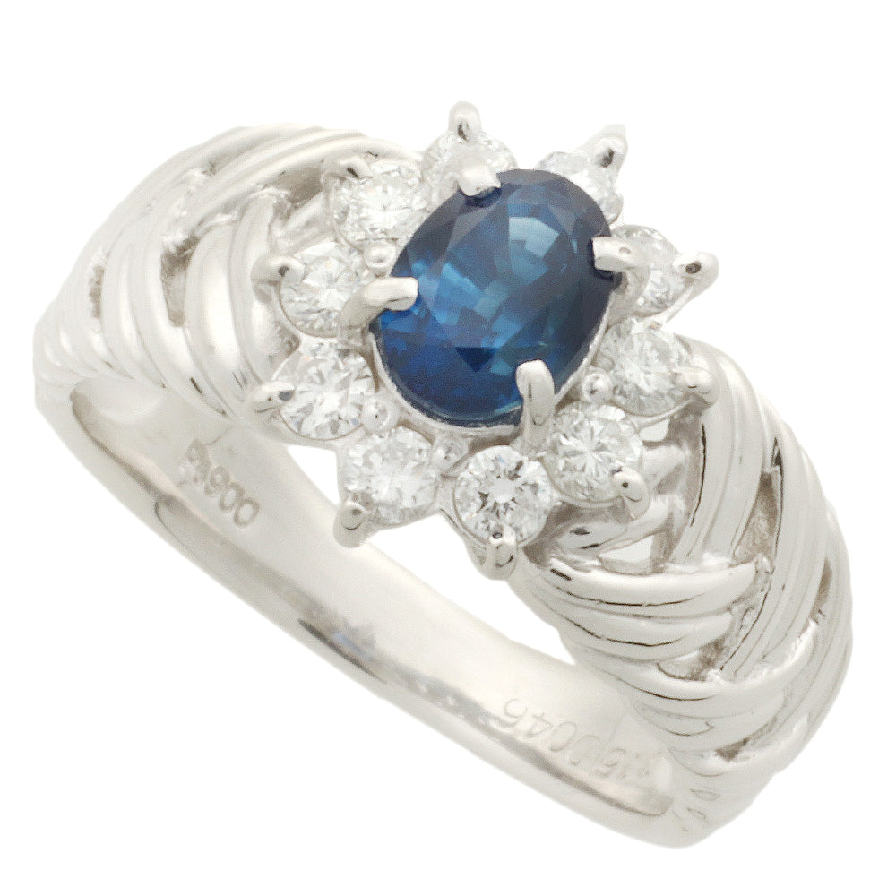 Pt900 Blue Sapphire Ring with Melee Diamonds, Size 13