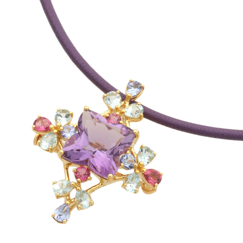 JEUNET K18YG Leather Amethyst Brooch Necklace