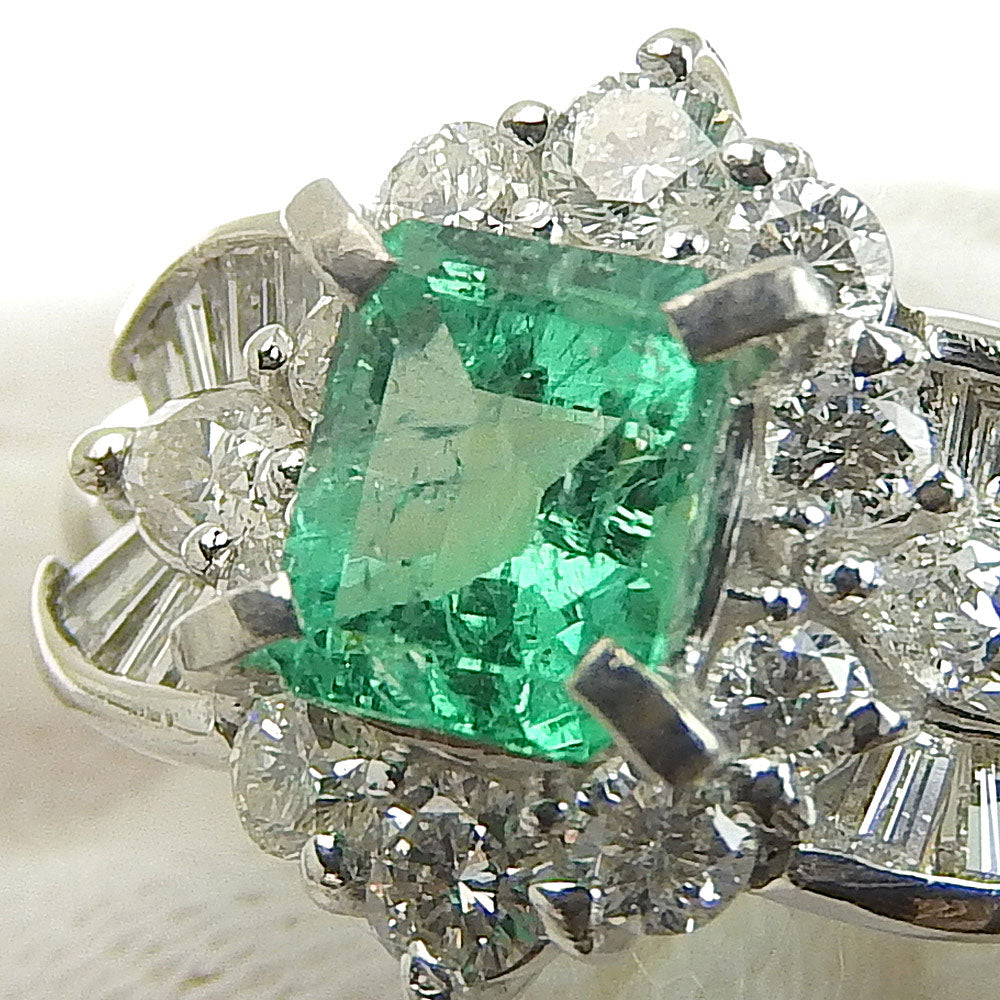 Platinum Pt900 Emerald Ring 0.67ct with Diamonds 0.81ct Size 8.5 in Excellent Condition