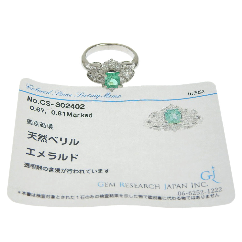 Platinum Pt900 Emerald Ring 0.67ct with Diamonds 0.81ct Size 8.5 in Excellent Condition