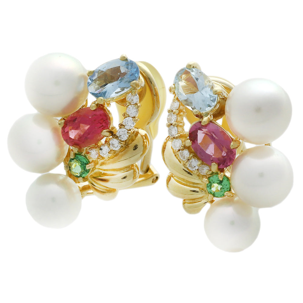 K18YG Akoya Cultured Pearl Earrings with Pink Tourmaline, Aquamarine, Garnet, and Melee Diamond in Excellent Condition