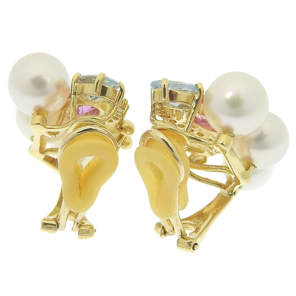 K18YG Akoya Cultured Pearl Earrings with Pink Tourmaline, Aquamarine, Garnet, and Melee Diamond in Excellent Condition