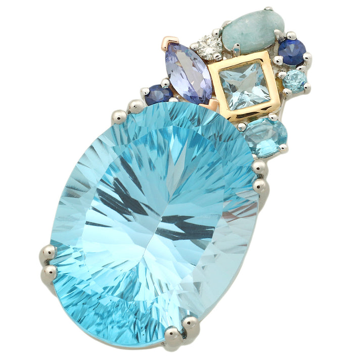 Pt950/K18 Blue Topaz Pendant with Tourmaline and Tanzanite in Excellent Condition