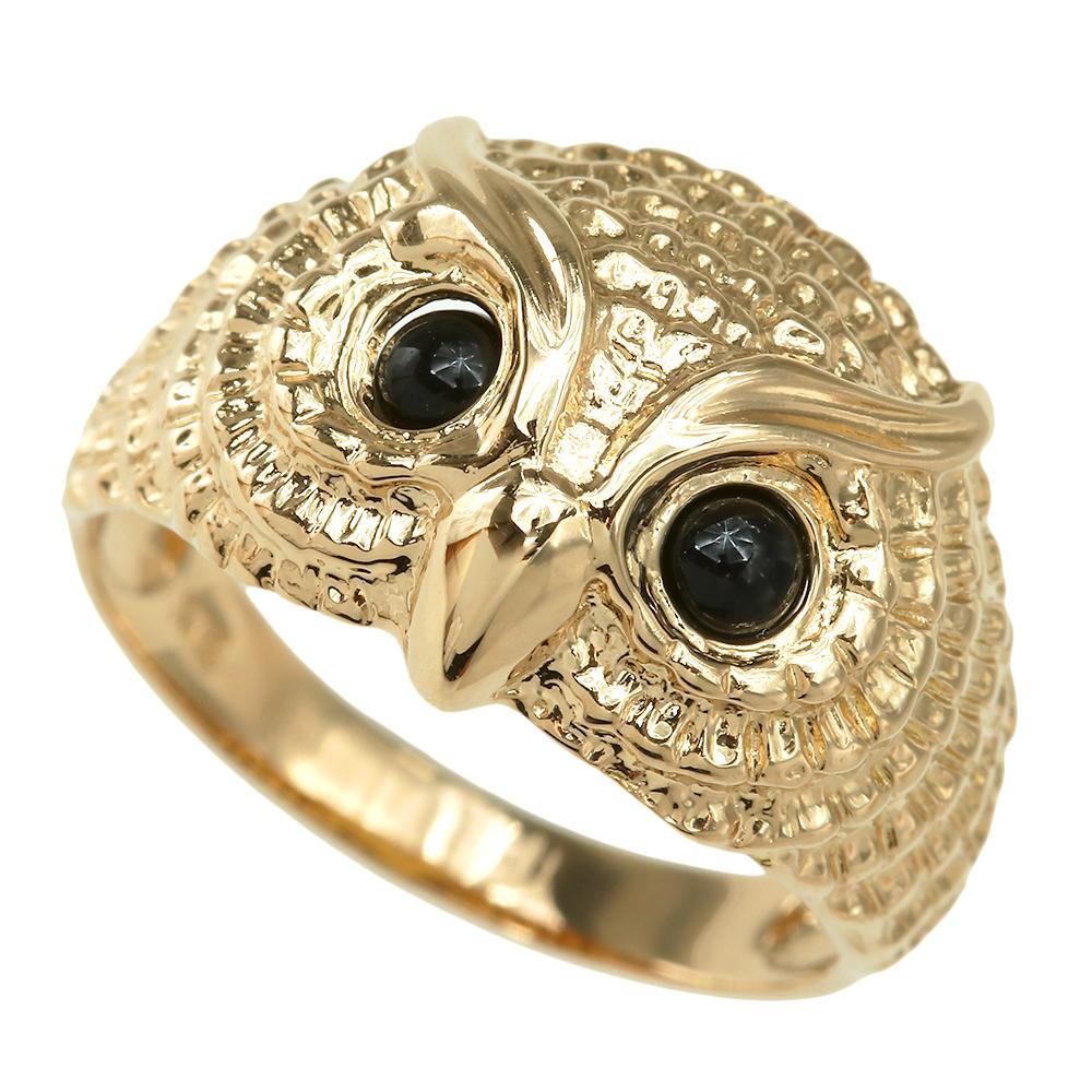 K18YG Yellow Gold Owl Motif Ring with Black Stone