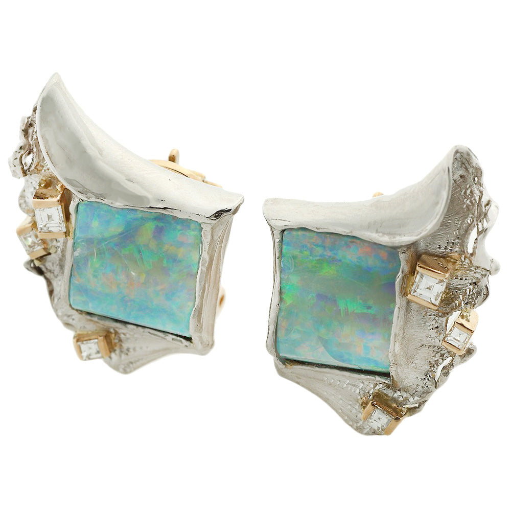 Nobuko Ishikawa Pt900 K18YG Opal Earrings with Diamonds in Excellent Condition